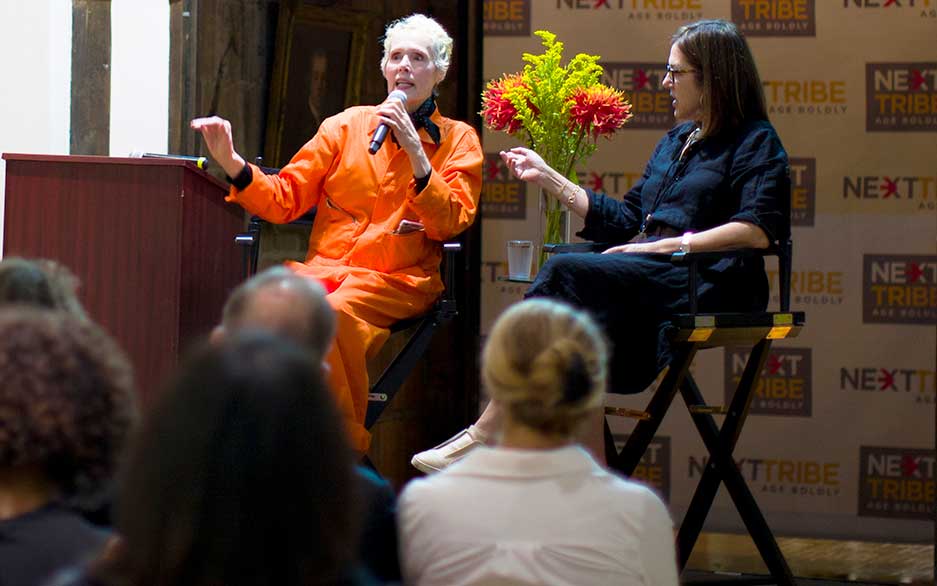 E. Jean Carroll lawsuit; photo of Carroll speaking at a NextTribe Out Loud event