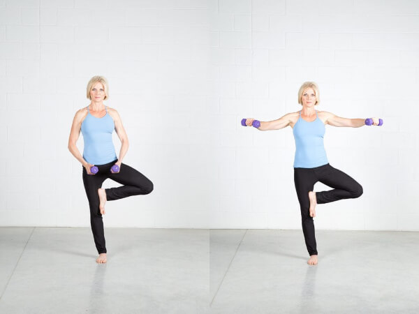 yoga fitness, yoga with weights, tree pose